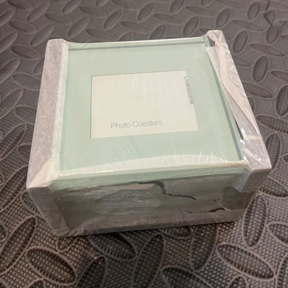 New Four Crate and Barrel Glass Photo Coasters hold 2 x 2.75 Pics With A Stand
